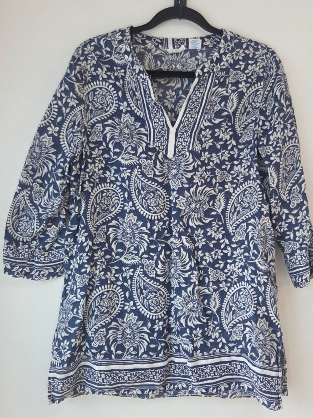 Sigrid Olsen 100% Linen Popover Tunic Blouse Top Blue Floral Shirt Women's S